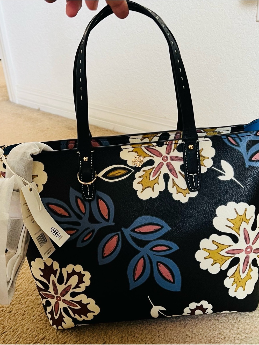 New Tory Burch Floral PVC 2 Way Tote Shoulder Bag Black Gold Logo Charm Women
